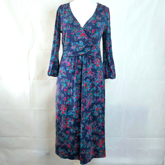 Boden Dresses & Skirts - Boden Wrap Top Purple Navy 3/4 Sleeve Midi Jersey Dress Stretch Floral Size 16L